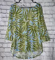 Sigrid Olsen Linen Blend Palm Leaf Print High Low Blouse Size Medium with Flaw