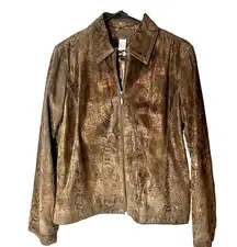 Chicos sz 0 Women's Suede Leather Jacket Brown Snakeskin Metallic Small