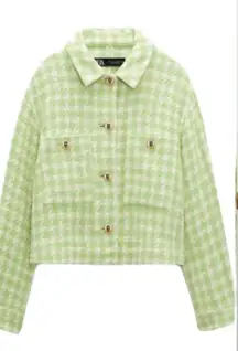 Zara Green White Houndstooth Tweed Gold Button Crop Jacket Blazer