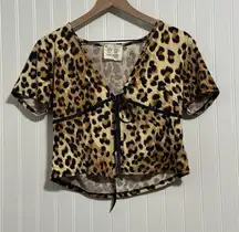 French Pastry L Leopard Print Short Sleeve Tie Front Top Y2K Mob Wife V-Neck