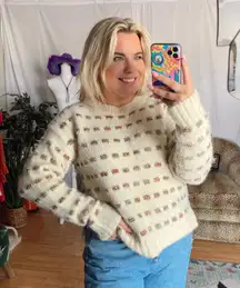 Moth Metallic Check Crew Neck Pullover Knit Sweater Cream Size Small