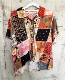 Free People Patchwork Button Down Short Sleeve Shirt