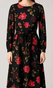 eShakti Black Floral Long Sleeve Belted Dress