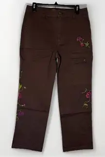 NEW Sundance Women’s Embroidered Cargo Pants 6 Dark Brown Boho Cotton Stretch
