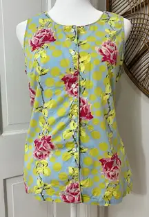 PINE CONE HILL Sleeveless 100% Cotton Pajama Top Womens‎ Size M Button Up Roses