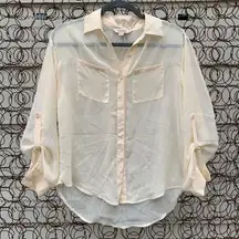 Decree buttercream sheer button down blouse SMALL