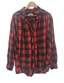 We The Free People Plaid Button Down Red Black Metallic Thread Distressed Small