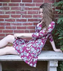 Pink Floral V Neck Dress