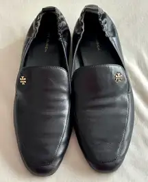 Tory Burch Kira Black Nappa Leather Women's Loafers Stretch Heel Gold Hardware