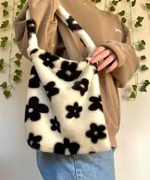 Y2k Inspired Black and White Faux Fur Flower Purse Tote Bag