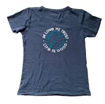 Life is Good Blue Crusher Tee with Embroidered Earth Design