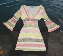 Letarte‎ HANDMADE Silk Bead Sequin Embellished V-Neck Sz M Bell Sleeves Coverup