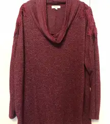 Women’s maroon cowl neck sweater with lace design on shoulders. Size 3X.