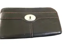 Fossil Black Buttery Leather Top Zip Wallet Pockets Casual Silver Keyhole 8X4