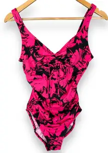 Aqua Green Swimsuit Floral‎ Pink Black Size Small One Piece V-Neck Bathing Suit