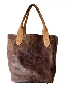 American West TrueLu Brown Leather Tote Bag Purse Denim‎ Lined Shoulder Bag