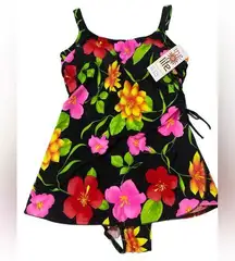 Women’s Tummy Slimmer Life By T.H.E. Black Floral One Piece Swimsuit Plus Sz 20
