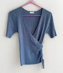 Sweater Large Blue Ribbed Fitted Y2K 90s Faux Wrap‎ Knit Surplice Flattering