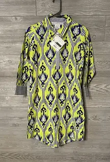Gretchen Scott •‎ Batik Aztec Bright Blue Green White Tunic Shirt Dress, Size XS