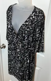 Apt 9 Black White Abstract Print Faux Wrap Knit Midi Dress Womens L Work Office