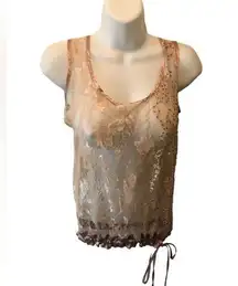 The Buckle Daytrip Floral Sheer Lace Tank M Champagne Hem Cinch Tied Beaded