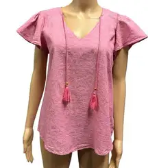 Harve Benard Washable Linen Cotton Pink Tassel Short Sleeve Blouse Top Women’s S