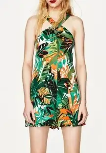 ZARA Trafaluc green tropical print criss cross halter neck romper size small