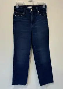 Good American Dark Wash Straight Leg Jeans Raw Hem Asymmetrical Pockets