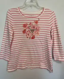 Talbots Women's Floral Stripe Crew Neck 3/4 Sleeve Top Pink White Petite Size SP