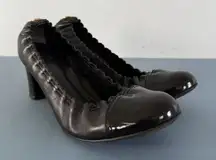 Tory Burch Abbey 2 Mid Heel Black Leather Cap Toe Block Heel Pumps