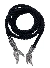 Vintage Black Rope Belt Silver Angel Wing Charm Tassels 69" Fairy Grunge Gothic