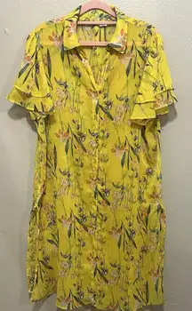 Cato Floral Yellow Gold Sheer Ruffle Sleeve Midi Dress‎ Size 14/16W