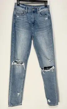 American Eagle Medium Wash Mom Jeans High Rise Distressed Ripped Size 2 Long