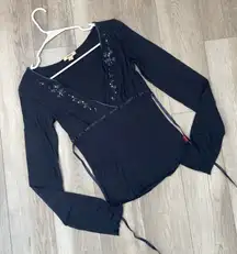 Y2K Hollister Top sequin babydoll long sleeve tie back womens Blue small vintage