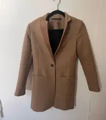 All Saints Italian Wool Coat Long Peacoat One Button Leather Collar Tan Size 2