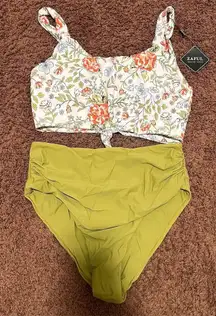 ZAFUL Women's Green Floral Knotted Front Tankini‎ Simwear Set Size XL NWT