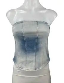 NEW Zara Blue Light Wash Strapless Tube Bandeau Zip Denim Jean Crop Top Size XS