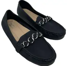 Lauren Blackwell “Lizbeth” Silver Chain Hardware Black Faux Leather Loafer Flats