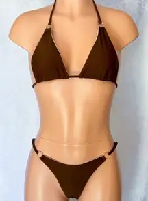 Brown, Metallic Ring, Bikini Set