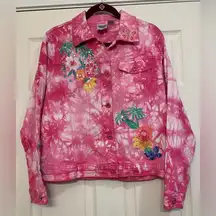 Diane Gilman Pink White Tie-Dye Flowers Butterfly & Palm Tree Medium Jacket 1808
