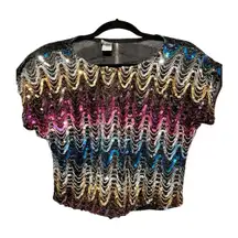 Vintage Rio Blouse Rainbow Sequin Shimmer Crop Top USA Festival Size L (More Like Med)