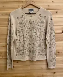 Curio Size Small Wool Silk Blend Floral Embroidered Button Front Cardigan