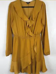 Express Mustard Yellow Ruffle Wrap Dress Long Sleeve Elastic Waist Midi M