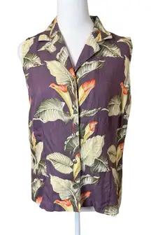 Tommy Bahama Womens 100% Silk Sleeveless Button Up Top Blouse Purple Floral SM
