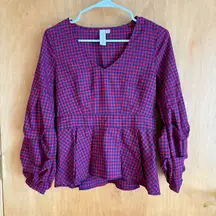 Allison Joy Red Blue Gingham Peplum Blouse Puff Sleeve V Neck XS