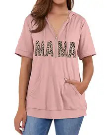 Pink Leopard Mama Drawstring Half Zip Up Pullover Sweatshirt Top with Pockets M
