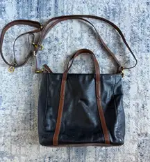 Fossil Black & Brown Leather Tote – Convertible Crossbody + Shoulder Bag