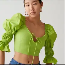 Urban Outfitters Green Ribbed Puff Sleeve Tie Front Crop Top Size Medium