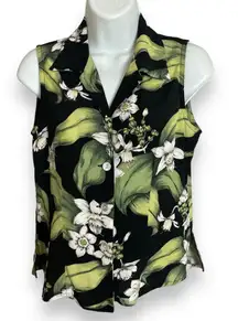 Kaua'iana‎ Sleeveless Blouse Floral Top Tank Hawaiian Black White Women Size XS