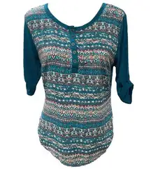 Bit & Bridle Shirt Womens Medium M 3/4 Roll Tab Aztec Henley Teal Blue